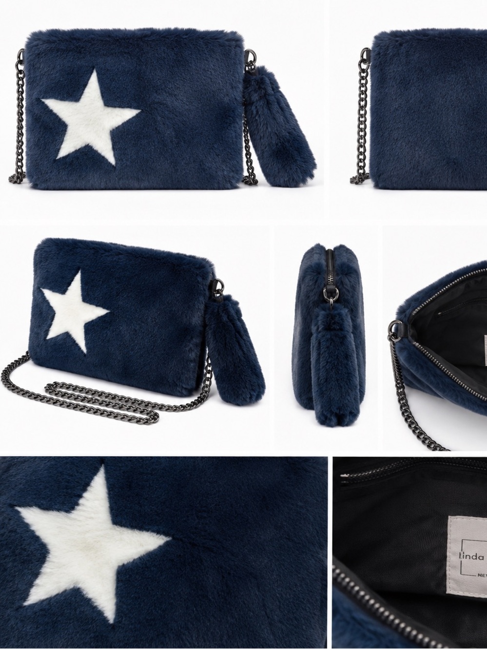 Linda Richards Navy Faux Fur Star Wristlet Clutch